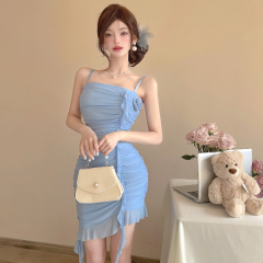 性感網紗流蘇拼接吊帶連衣裙時尚氣質緊身收腰包臀短裙