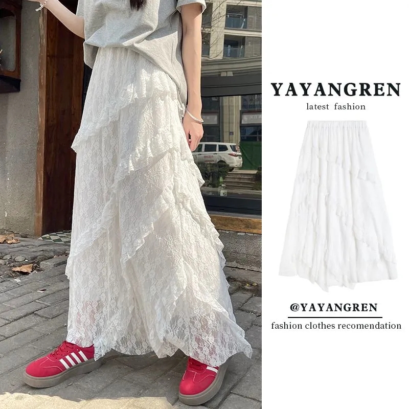 Retro spliced ​​twill white lace skirt for women 2025 early spring elastic waist slim mesh a-line long skirt for women