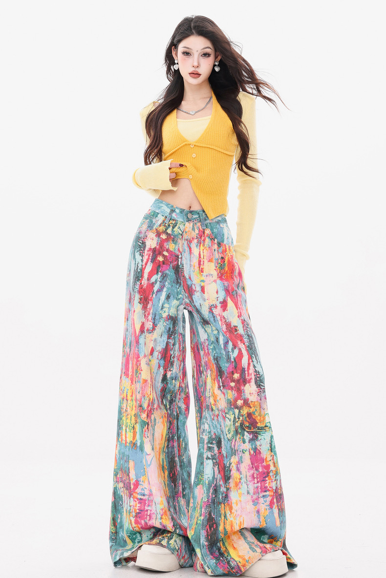 Painted color plate original color printing ink painting color jeans for women 2025 early spring new wide-leg pants
