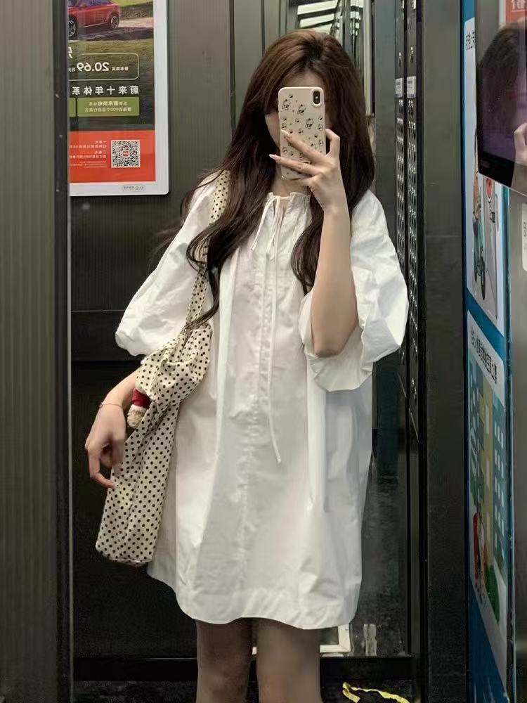 法式白色襯衫連衣裙子女夏季2025新款小個子氣質絕美寬鬆短裙