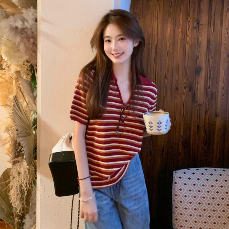 Red striped hollow ice silk knitted short-sleeved T-shirt for women 2025 summer small short polo collar top