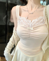 Real photo of contrasting lace suspender vest for women wearing spring and Korean pure slim neck halter