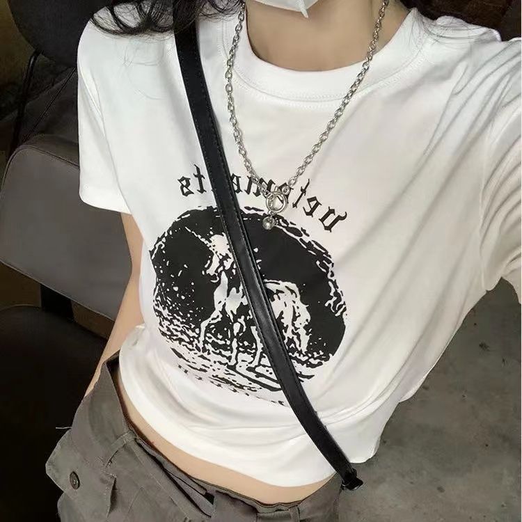 純棉原版外貿韓版後包領夏季新款女裝圓領印花修身短款T恤女短袖