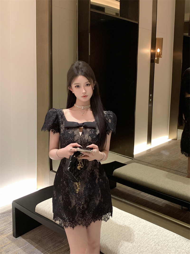實拍~  法式燙鑽娃娃領連衣裙收腰顯瘦黑色蕾絲裙