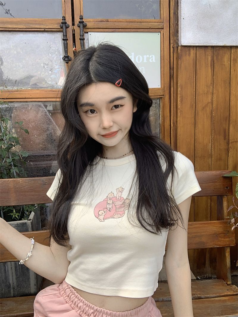 Pure cotton original foreign trade Korean version rear bag collar summer new women's round neck printed slim short T-shirt for women short sleeves