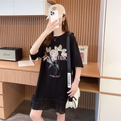 實拍質量/純棉/後包領/寬鬆蕾絲拼接立體花朵T恤連衣裙夏