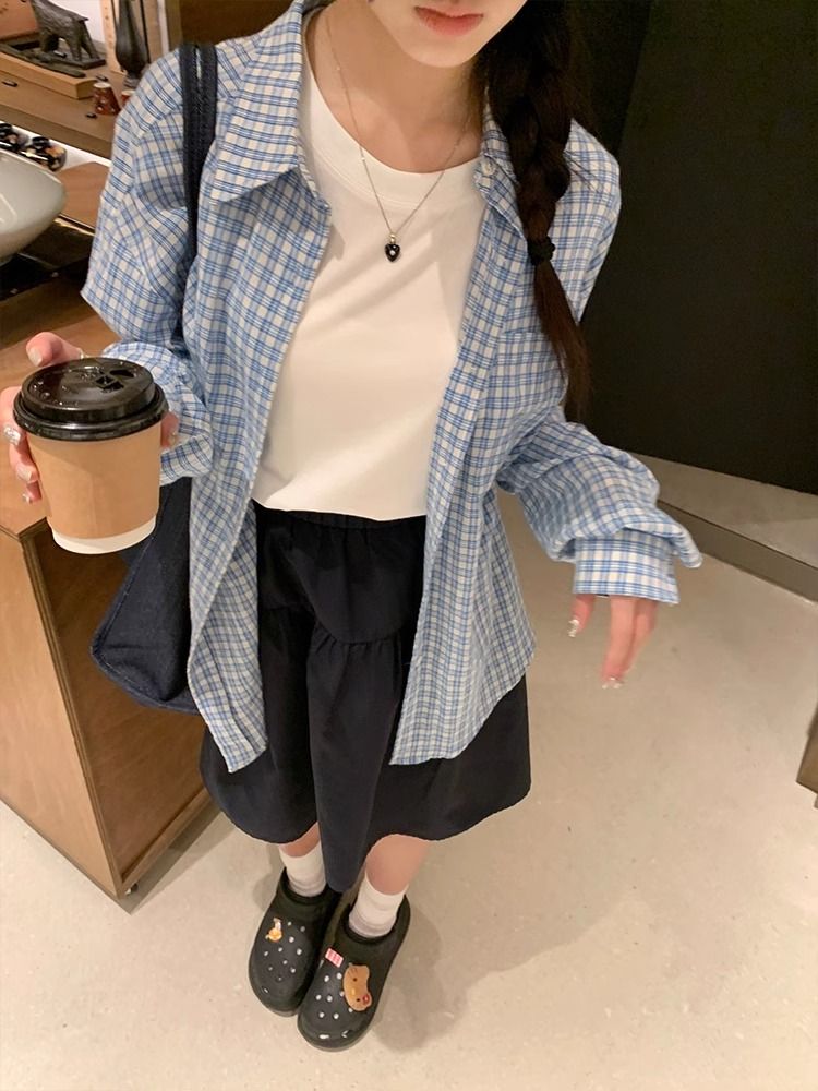 美式復古藍色格子襯衫外套女裝夏季新款外搭寬鬆百搭襯衣別致上衣