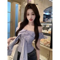 Pure blue striped one-shoulder design T-shirt for women's summer slim and chic short top