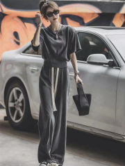 Famous 2025 Summer Set Women's Trendy New Fashion High-end Slimming Short-sleeve T-shirt Wide-leg Pants Two-piece Set