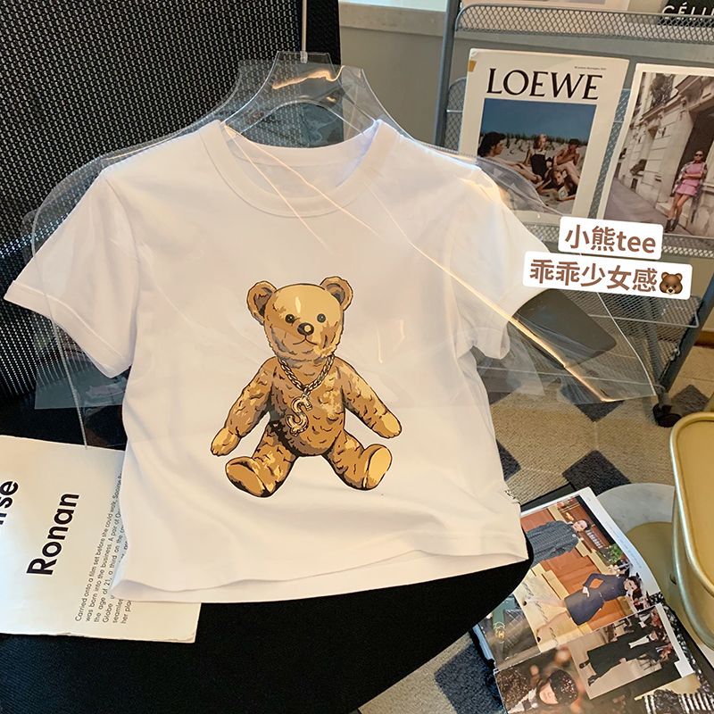 Pure cotton original foreign trade Korean version rear bag collar summer new women's round neck printed slim short T-shirt for women short sleeves