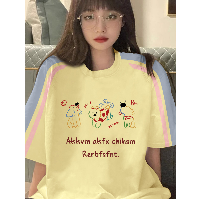 High-quality pure cotton 220g 19 pieces of wool + feel printed loose large version of raglan contrasting color short-sleeved T-shirt for women