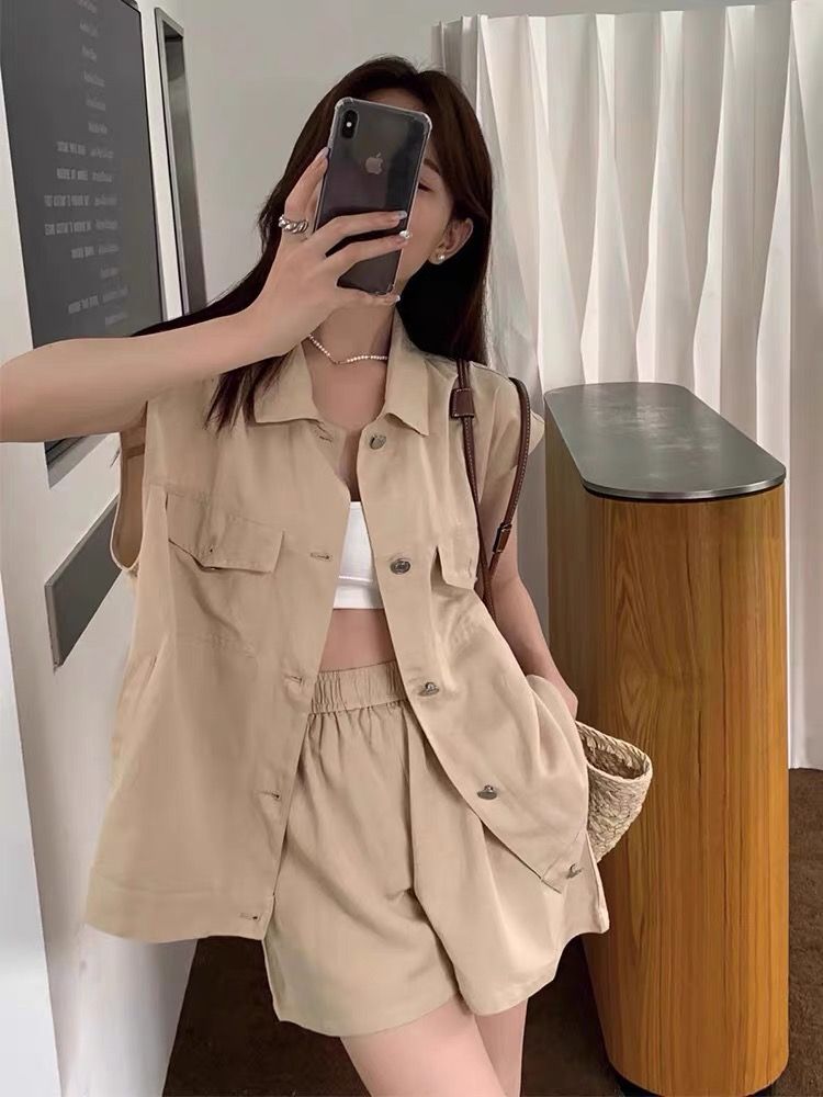 韓國工裝風無袖背心開衫上衣女口袋翻領寬鬆顯瘦百搭闊腿短褲套裝