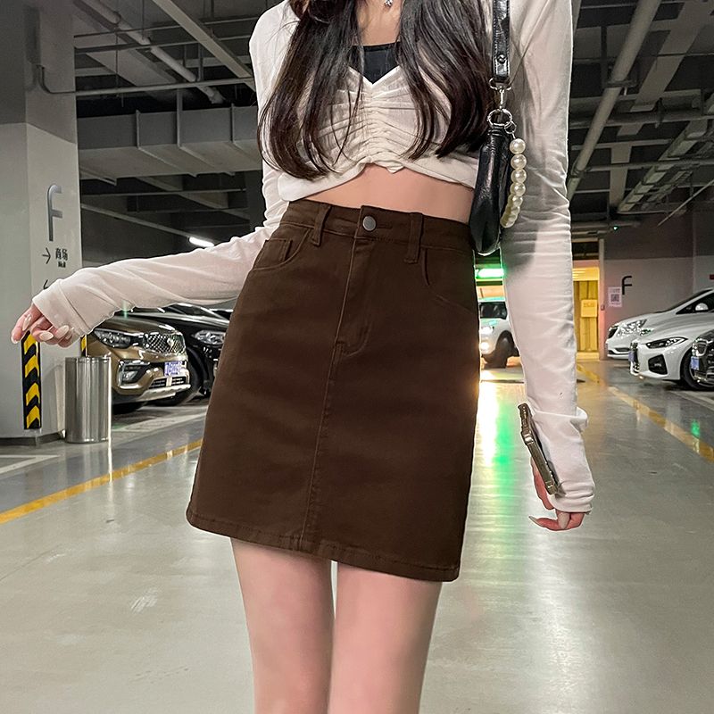 Coffee Brown Spicy Girl Half-Body Skirt Women's Spring 2025 New Style American A-Line High-Waist Bubble Butt Brown Denim Short Skirt