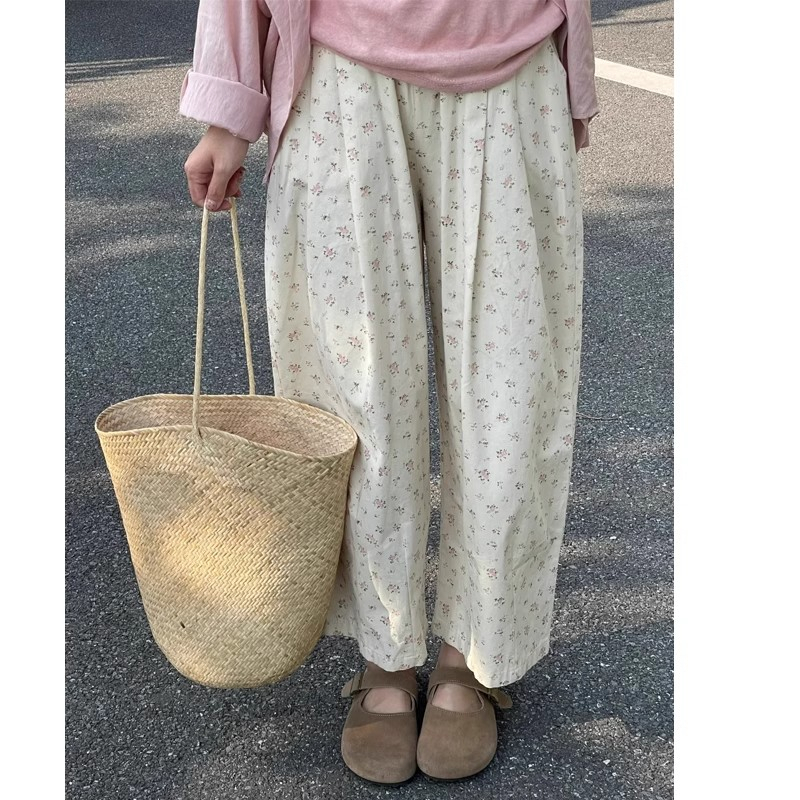 Small nine-point casual floral pants for women in autumn new large size fat mm high waist loose wide-leg Japanese balloon pants