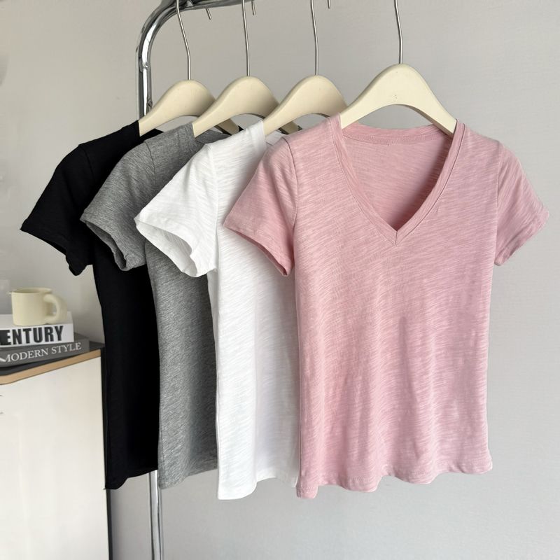 Real-shot front shoulder V-neck short-sleeved T-shirt for women in summer slim Korean style bamboo joint cotton base shirt with simple half-sleeved top