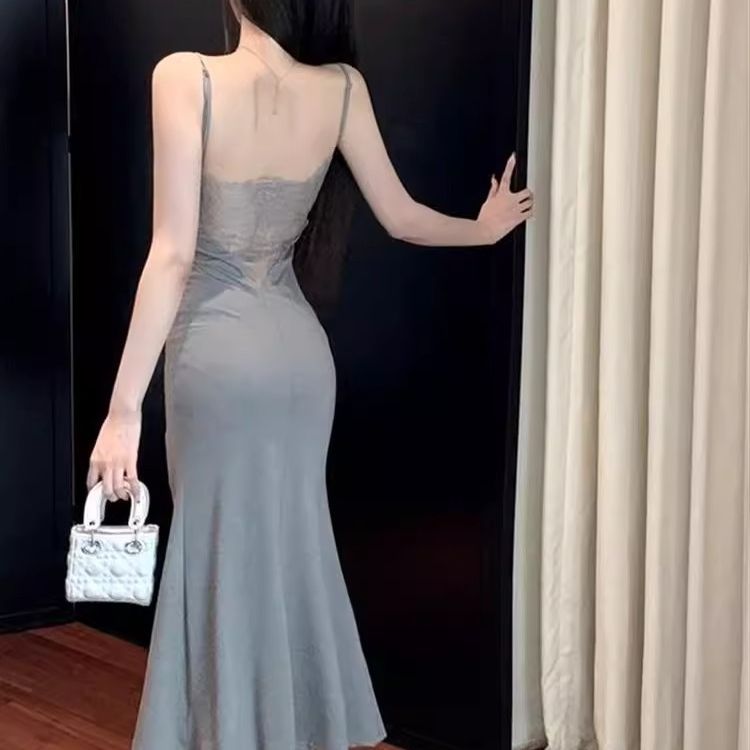 Sexy backless suspender dress for women's summer temperament slim hip-pack skirt with slit waist-hugging pure fish tail skirt