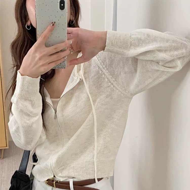 2025 spring new hooded double zipper sunscreen knitted cardigan for women loose thin ice silk slimming jacket top