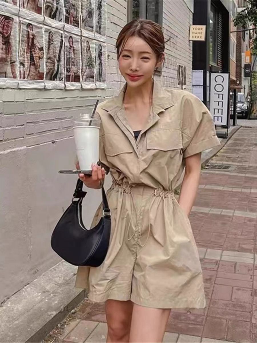 工裝連體褲女夏季新款休閒百搭抽繩收腰顯瘦小個子闊腿短褲潮