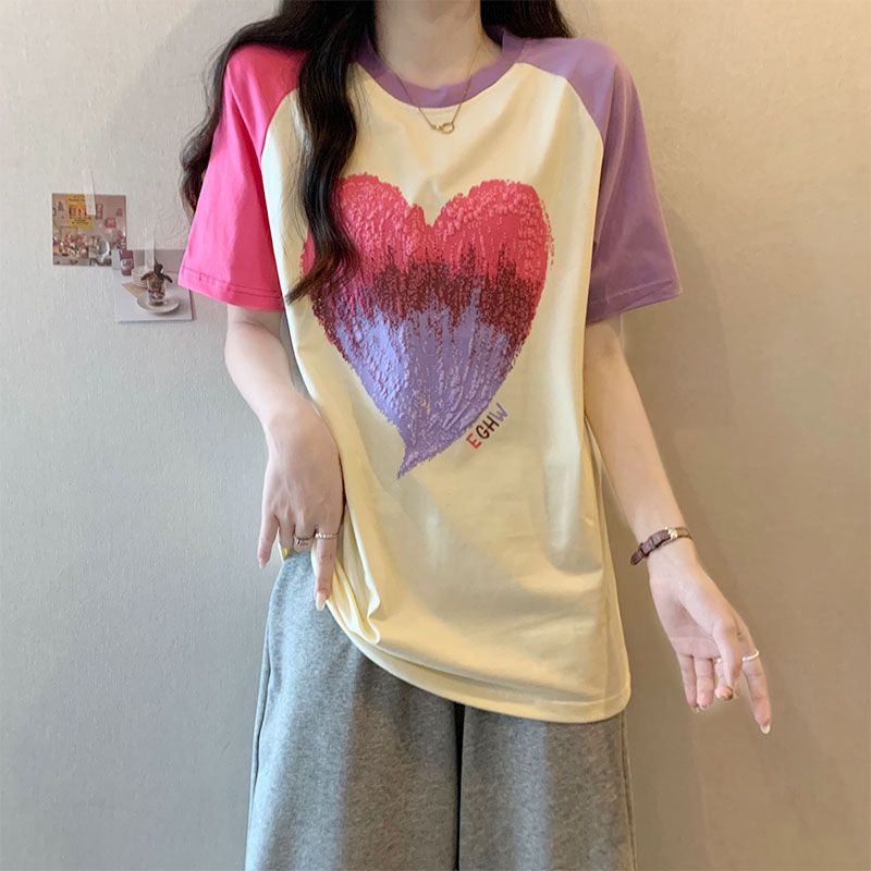 實拍愛心撞色插肩短袖t恤女新款夏季oversize美式設計感上衣