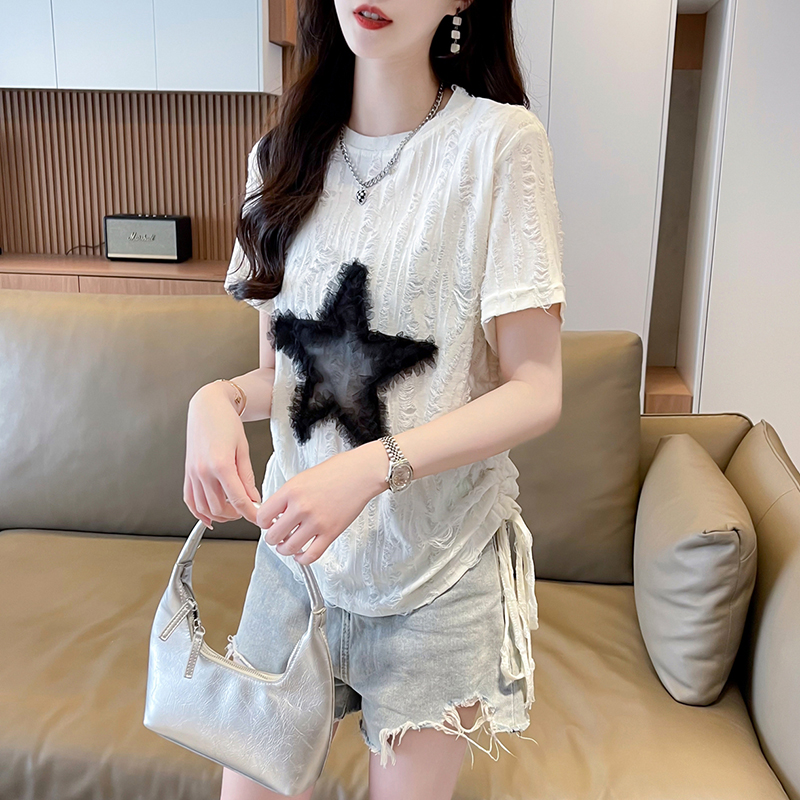 | Real shot | 230g cotton cotton | Back bag collar | Summer small hollow short-sleeved ripped T-shirt