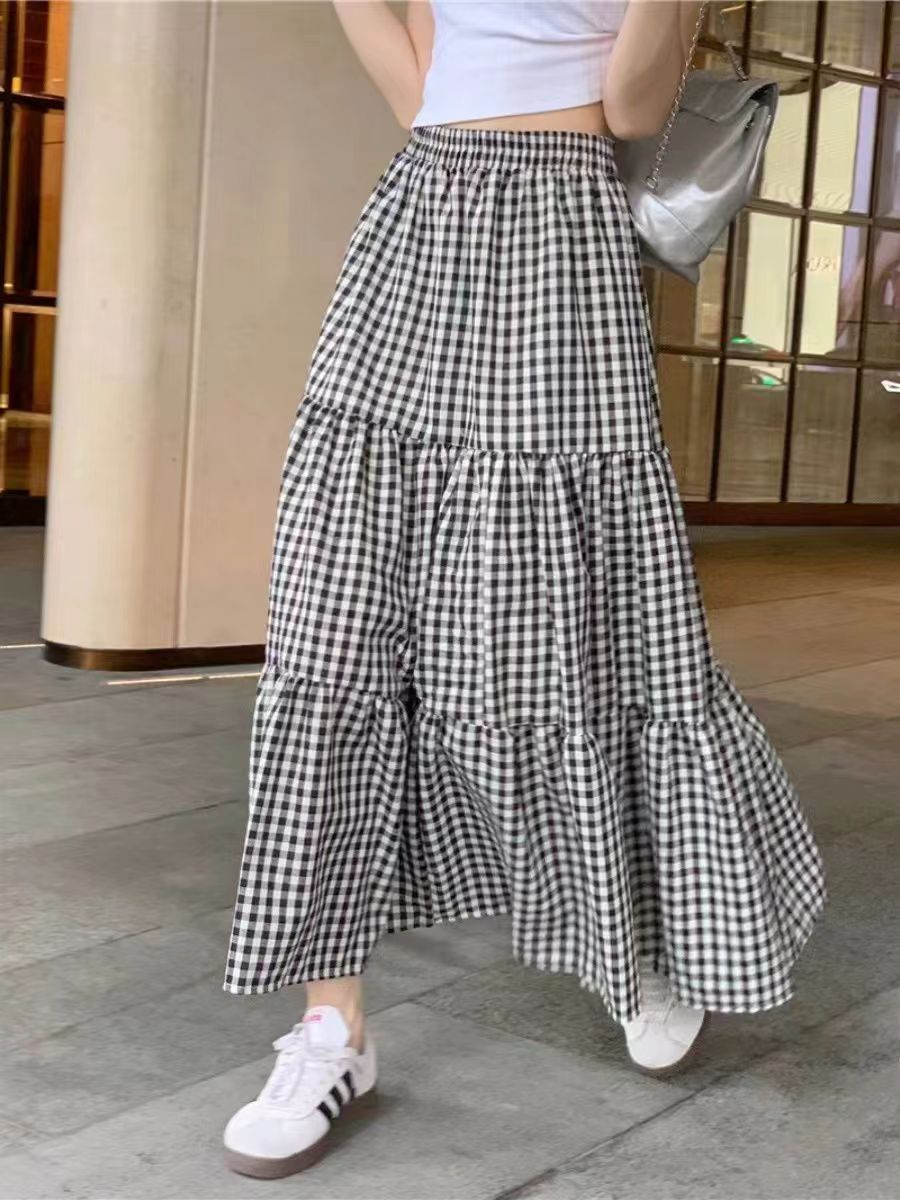 格子長裙女夏季高腰大擺型傘裙a字中長顯瘦復古方格半身裙子