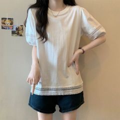實拍 設計感鏤空蕾絲短袖純色t恤小眾別致顯瘦上衣氣質體恤女