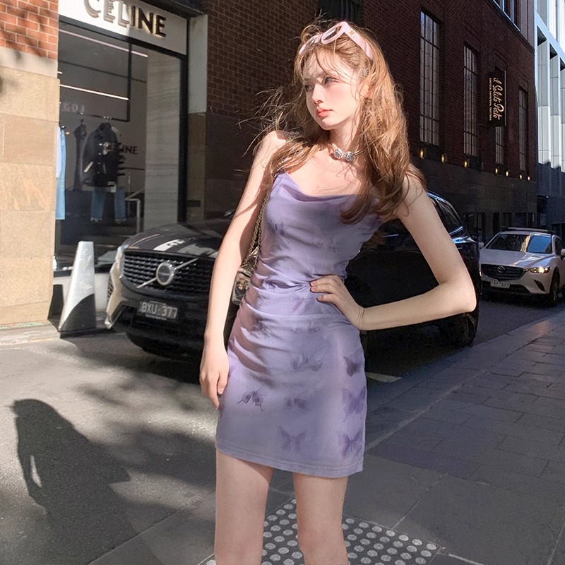 AshySnow Dream Butterfly Stretch Retro Temperament Chinese Style Mesh Print Pleated Design Sling Dress