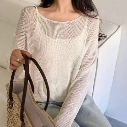 Hollow ice silk blouse for women in spring and summer 2025 spring new suspender vest sunscreen knitted sweater two-piece top