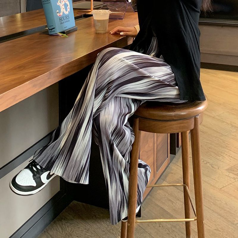 Foreign trade large-size women's striped pants for women ins new pleated straight casual pants high waist drape loose wide legs