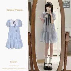 Women's summer 2025 new French small person sweet and gentle style fairy puff sleeve blue princess skirt