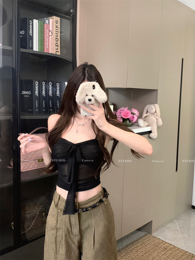 Real shot of hot girl slim mesh suspender vest top