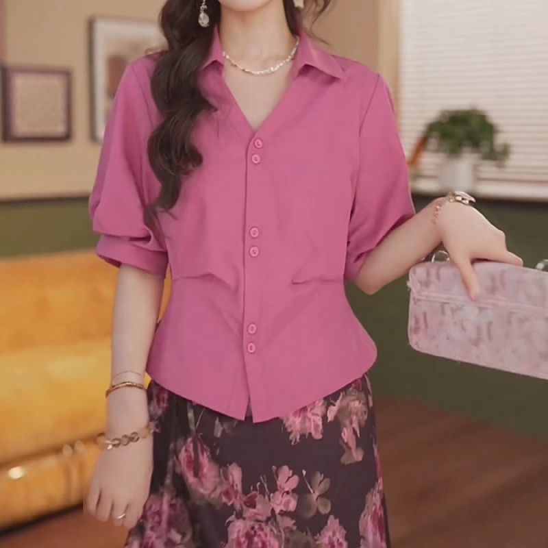 夏季法式泡泡袖襯衫女設計感小眾收腰巨顯瘦別致時尚襯衣修身上衣
