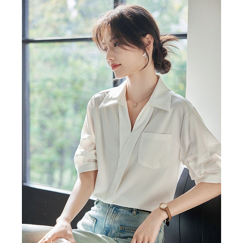 時尚V領白色襯衫女休閒通勤襯衣設計感上衣