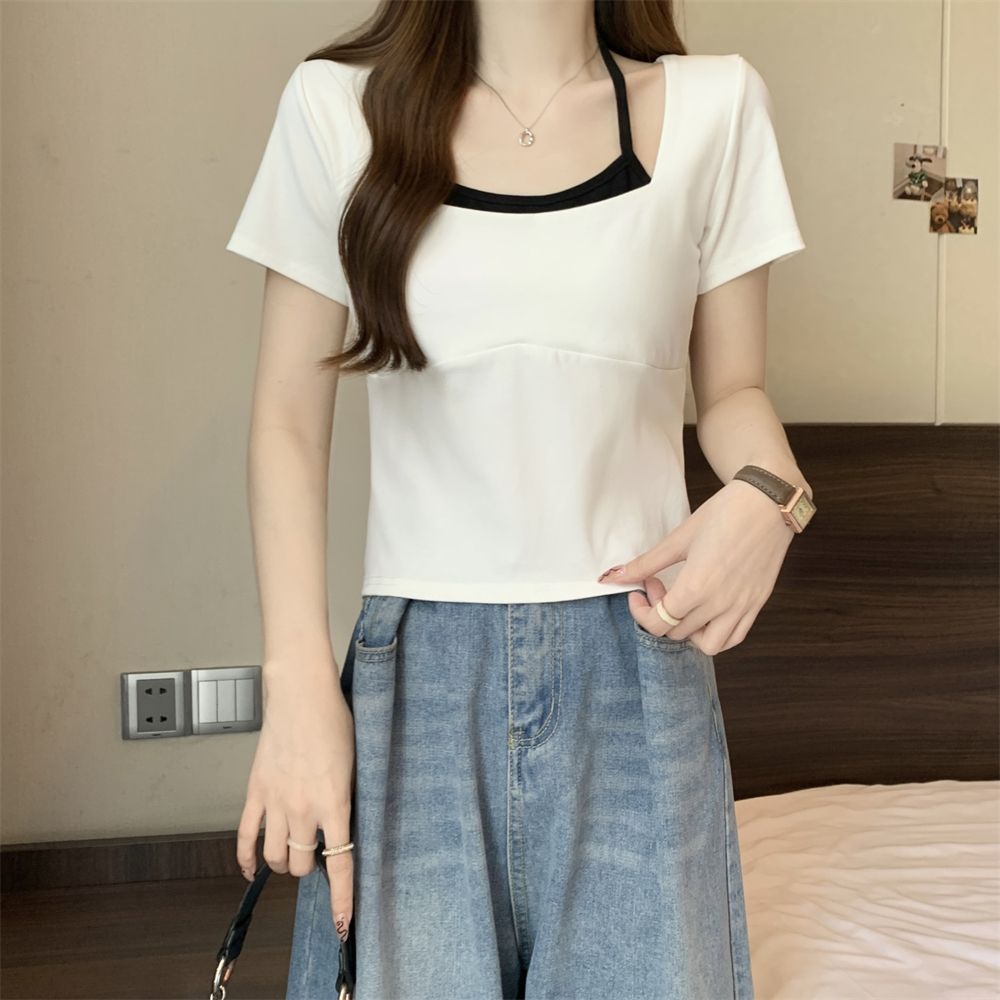 實拍  40支純棉210克92棉/8氨綸短袖t恤女吊帶假二件