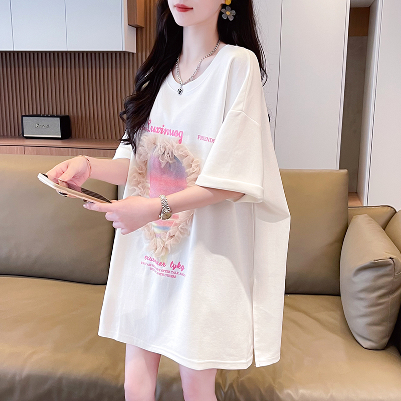| Real shot | Pure cotton 200g | Back bag collar | Mid-length lace short-sleeved T-shirt for women