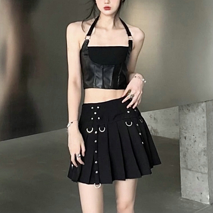實拍# 辣妹黑色百搭復古小眾掛脖皮吊帶背心內搭+鉚釘A字裙短裙