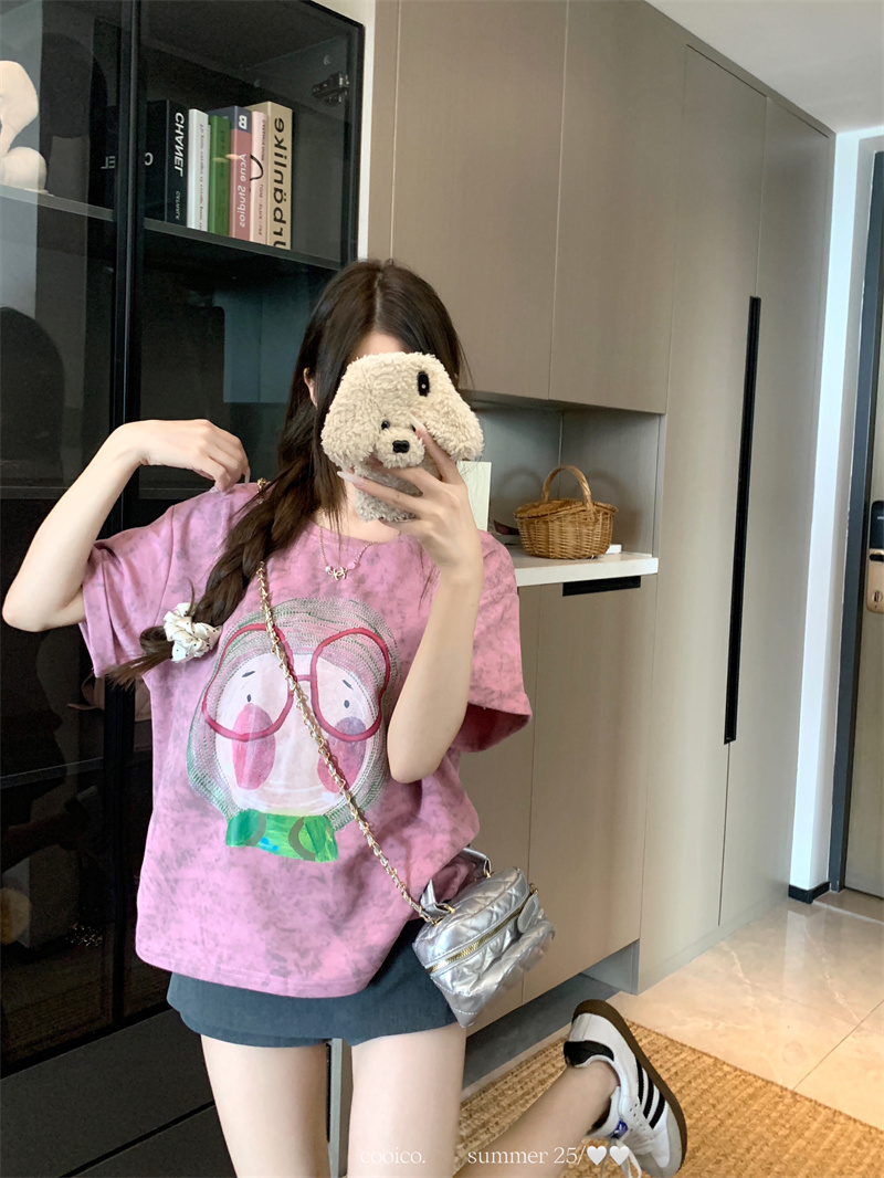 Real shot of summer and Korean style fashionable versatile pink cute style printed T-shirt for women