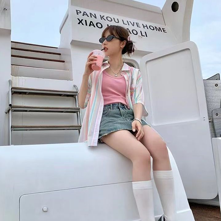 多巴胺夏季新款條紋毛巾繡蝴蝶日系可愛學院風襯衣甜美上衣襯衫