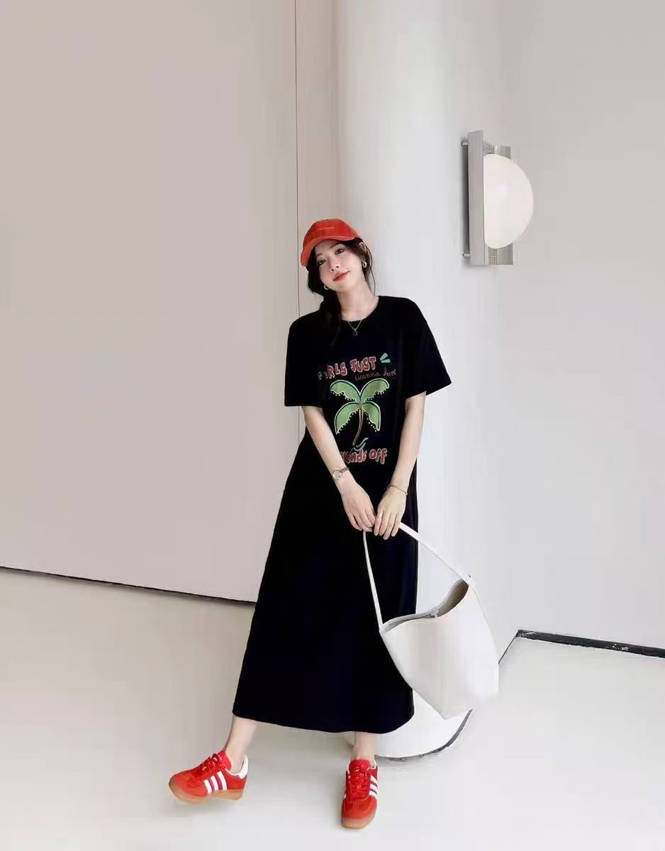 仿棉牛奶絲# 韓系夏季新品簡約連衣裙寬鬆開叉過膝中長款時尚裙子