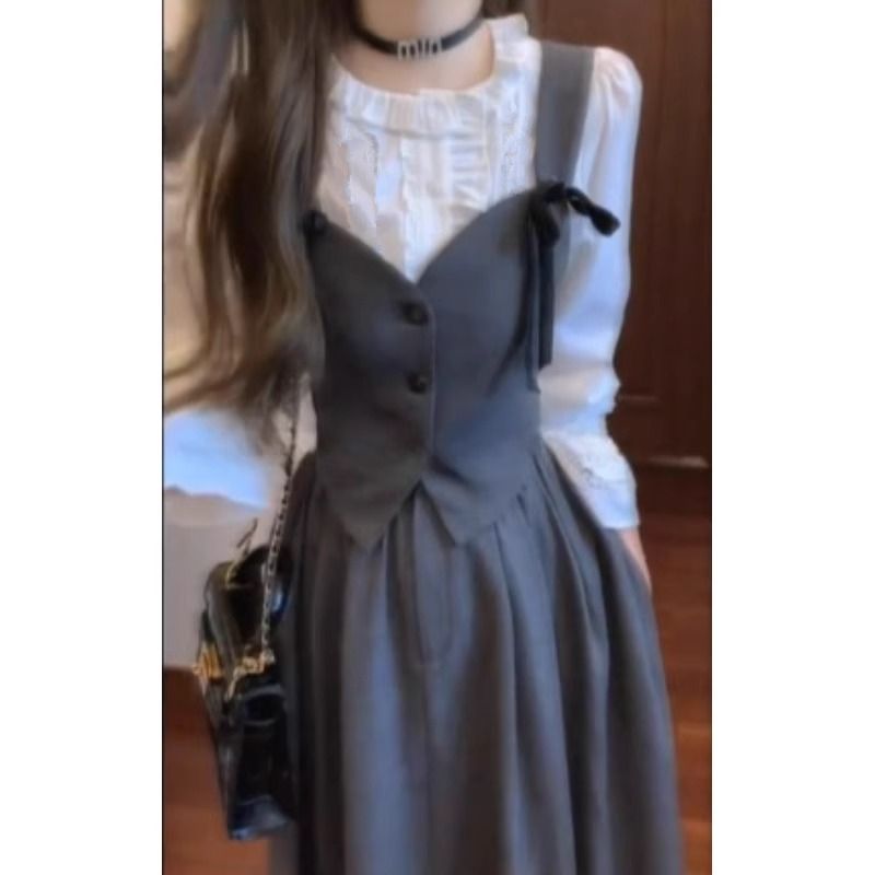 Miu series of daughter-in-law Xiaoxiang style dressing skirt suit for women's spring high-end fashionable vest shirt long skirt three-piece set