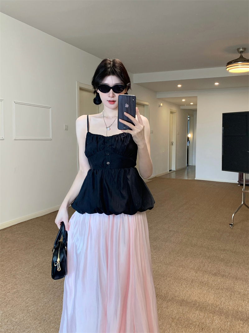 Real photo of women's spring slim flower bud pure erotic top skirt two-piece set