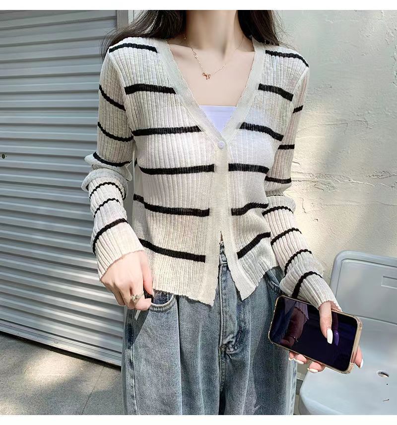 Bamboo joint striped V-neck knitted cardigan for women for summer thin small outer wear ice silk sunscreen long-sleeved air conditioning shirt