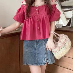 一字肩襯衫夏季日系軟妹純欲風小清新學生可愛木耳邊泡泡袖上衣女