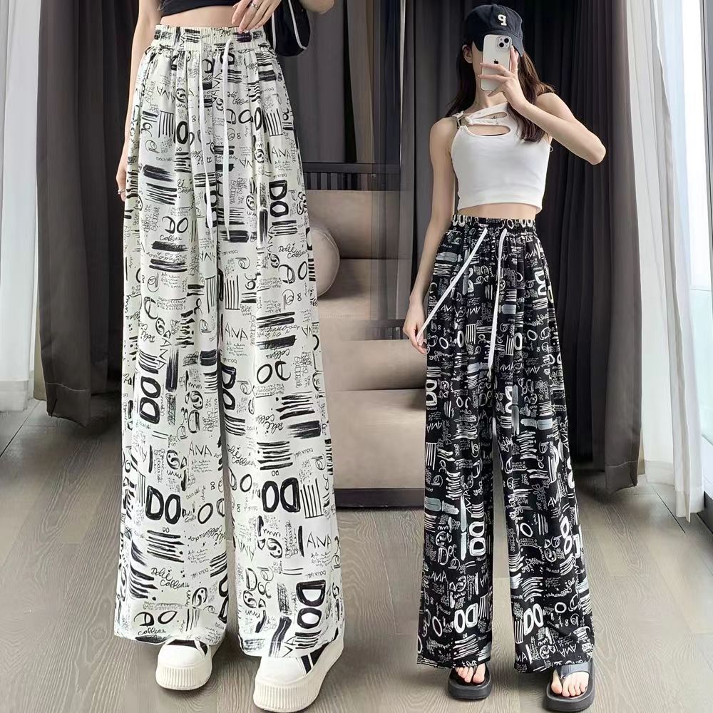 Ice silk women's pants thin high waist slim casual pants for women 2025 summer letter graffiti sun protection wide-leg pants floor-sliding pants
