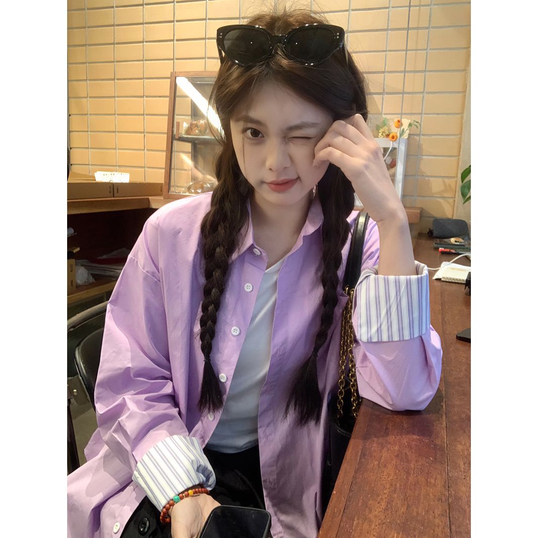 2025春季純色長袖襯衫女復古設計感小眾寬鬆百搭襯衣撞色上衣外套