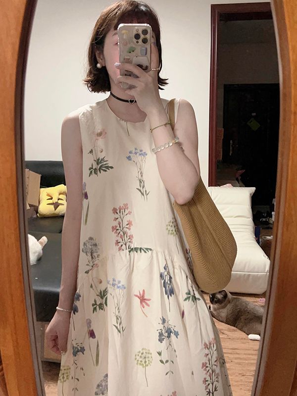French coffee break sleeveless round neck floral temperament vest dress summer female student loose slim vacation long skirt