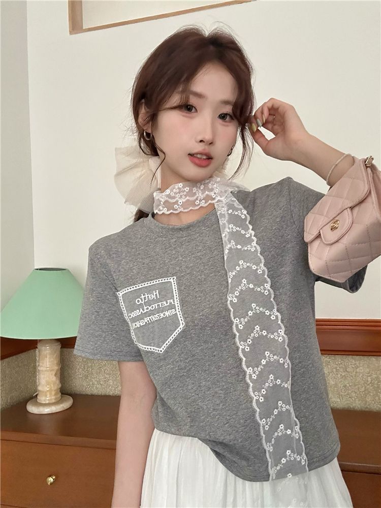 92 cotton 8 spandex 40 pure cotton + scarf Korean design short-sleeved T-shirt slim embroidered letter top