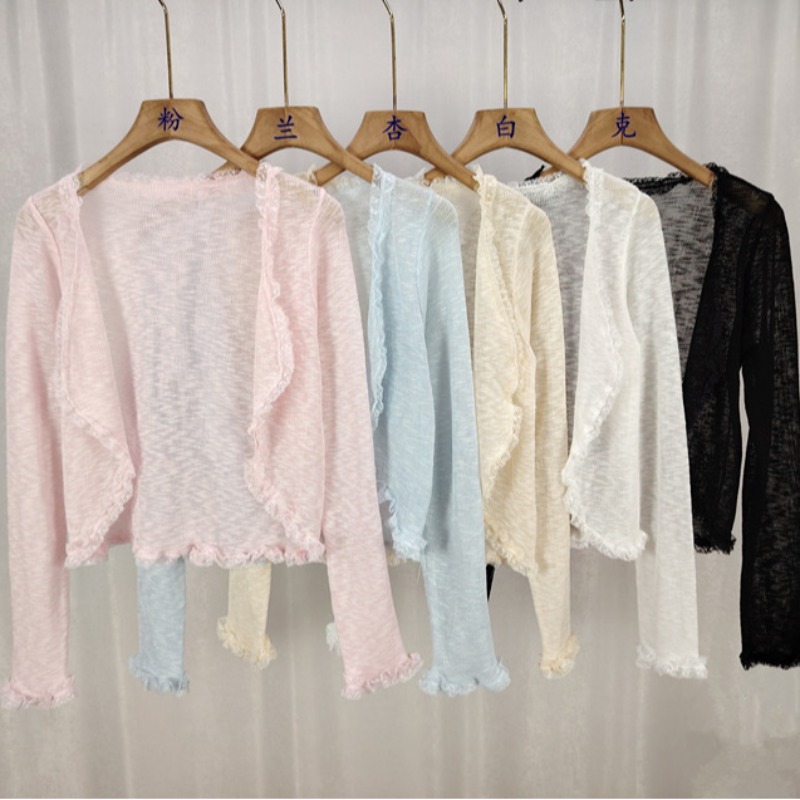 Korean black ears lace spliced ​​sunscreen cardigan for women in spring 2025 with suspender skirt thin hollow knitted top