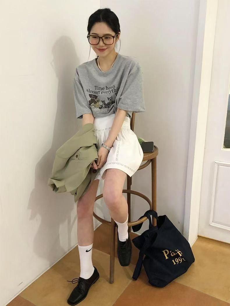 韓系甜美小熊熊印花慵懶風寬鬆設計感百搭上衣