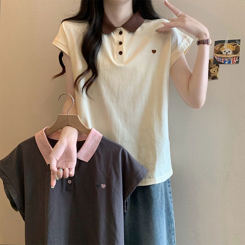 實拍 polo領t恤女短袖大碼寬鬆歐貨愛心刺繡小飛袖上衣潮